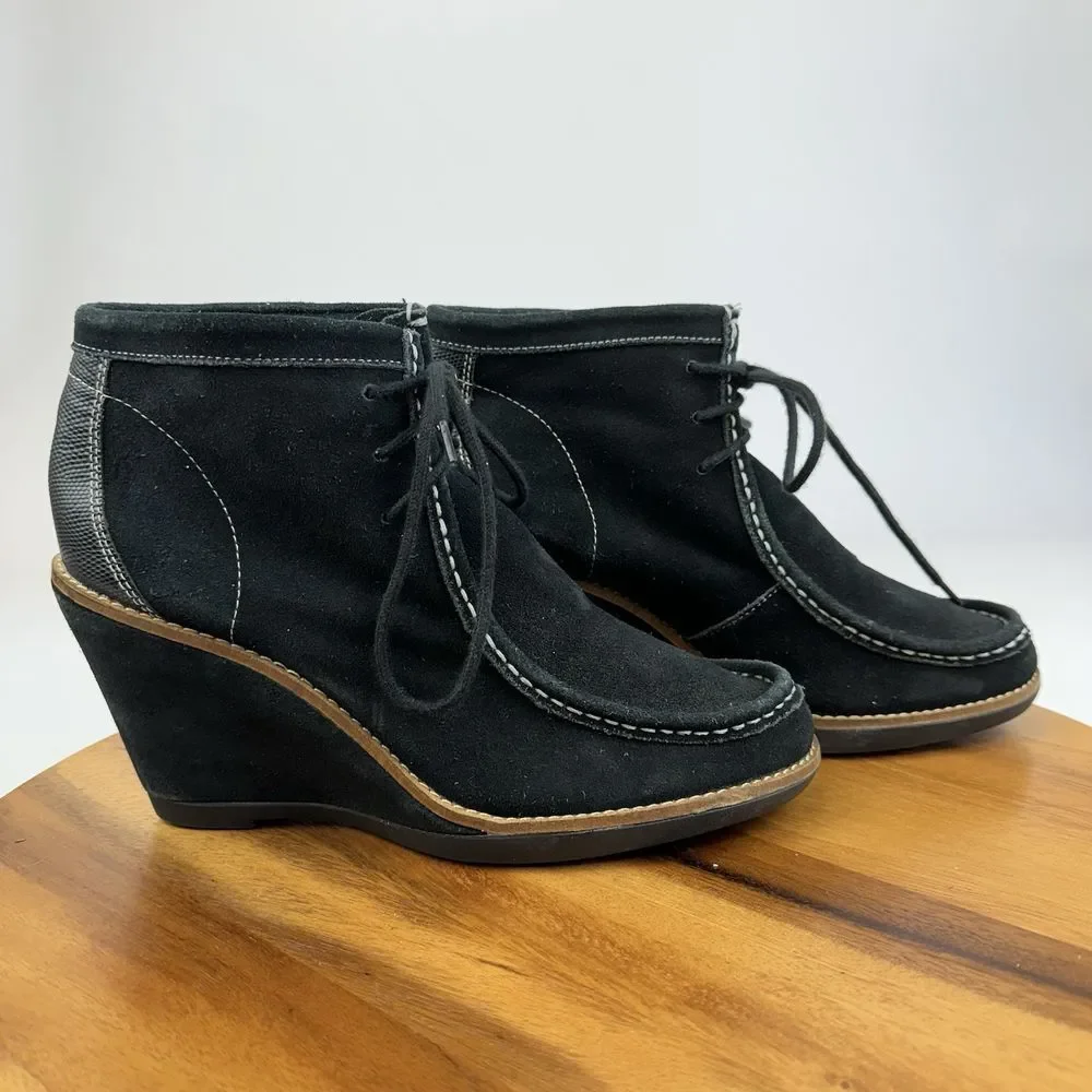 Womens Hush Puppies Black Suede Casual Comfort Wedge Moccasins‎ Boots Size 10 M